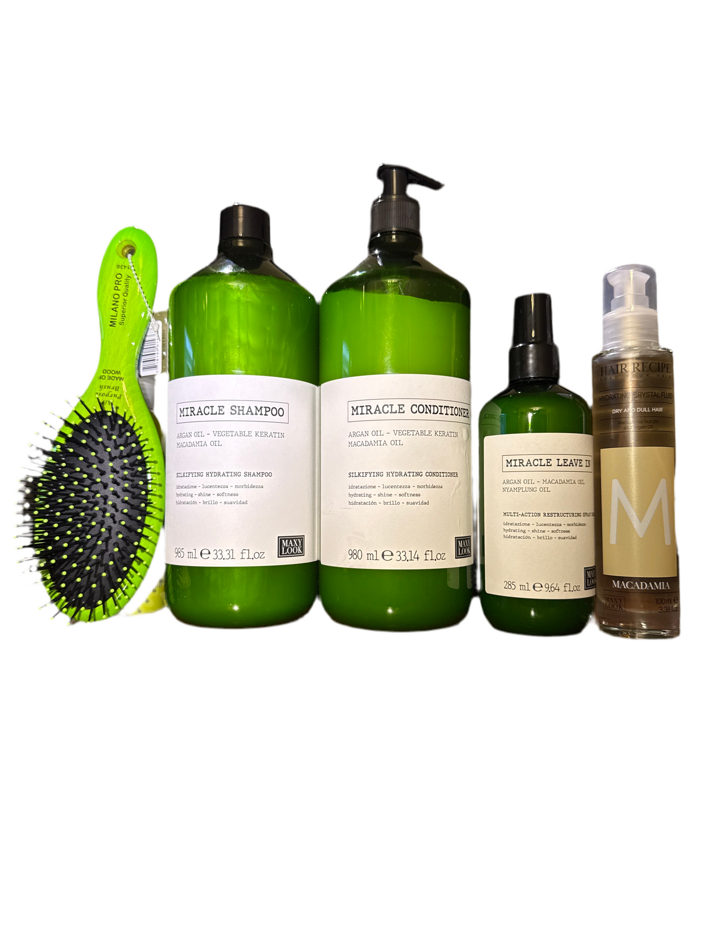 Set 4pz ML 1-Sh Miracle 1000ml 1-Cond 1000ml,1-Leave-In 285ml & 1-Hyd Serum100ml + Free Brush ๐