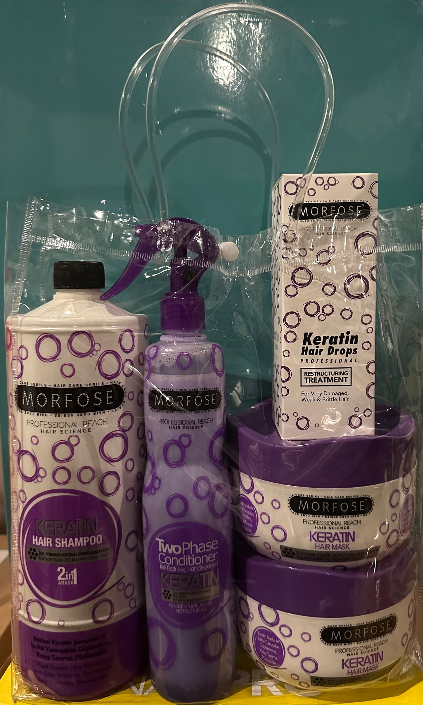 Morfose Set Sh Keratin 1000ml 2-Mask 500ml 1-Hair Drops 100ml 1-two phase Spray Leave-In 400ml
