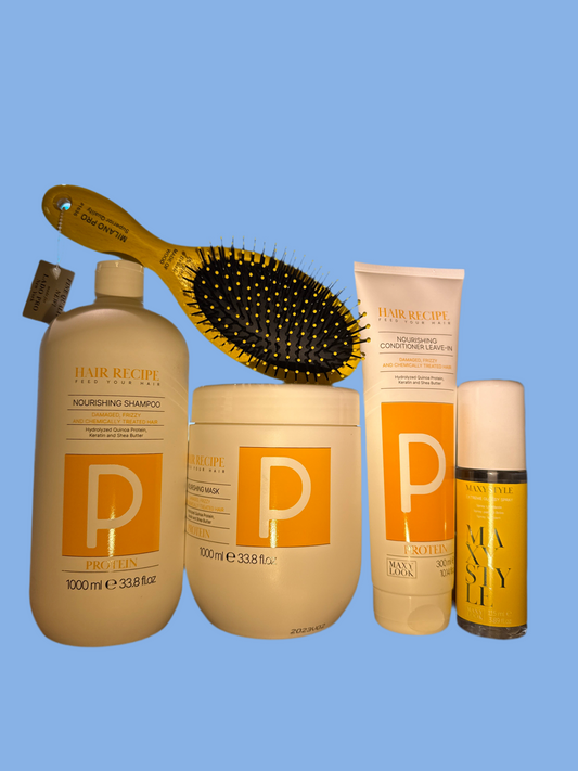 Set ML 1-Sh Protein 1000ml, 1-mask Protein 1000ml 1-Potein Leave-In 300ml & 1-Extreme glossy Spray 115ml+Free Brush 👀