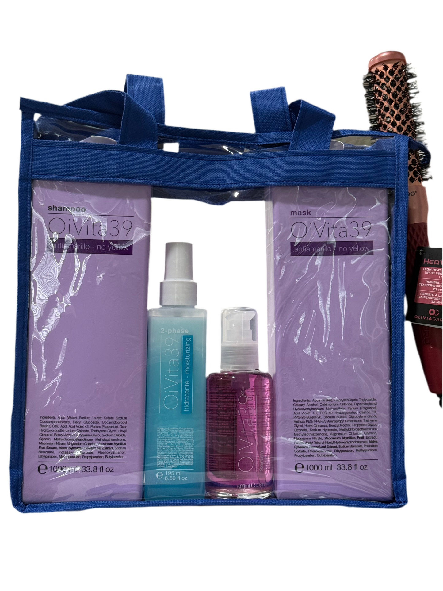 Oivita Set 4 piezas 1-Champú No Yellow 1000ml 1-Mascarilla No Yellow 1-Spray 2fase 1-Serum After Color + Cepillo OG