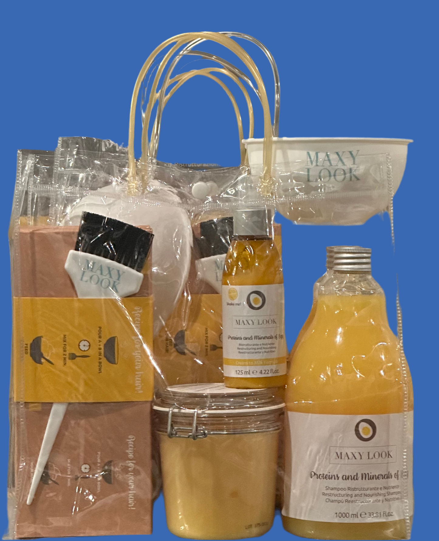 Kit de reestructuración profunda Maxy Look Egg Line de 4 piezas con lazo, cepillo y bolsa adicionales