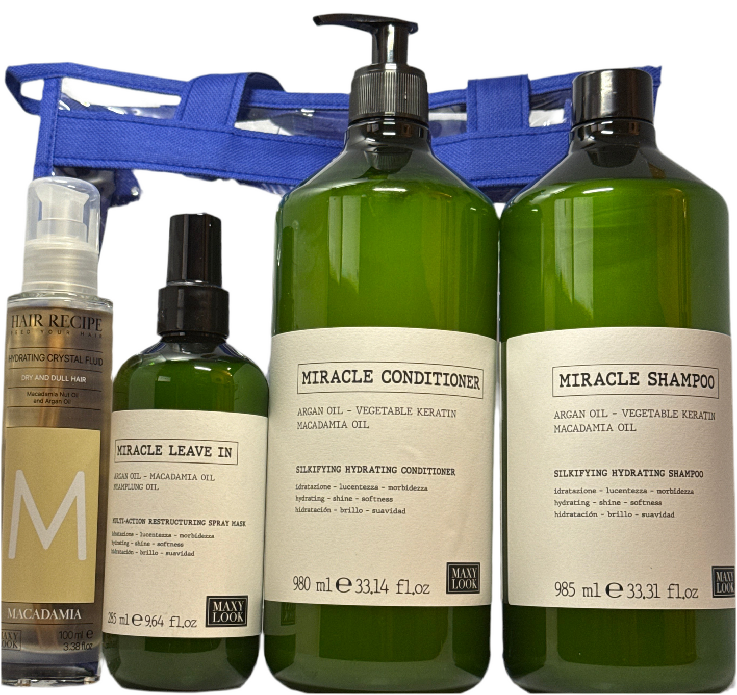 ML Set 4-pz Miracle Shampoo,Conditioner,Leave-In & Macadamia Serum..!