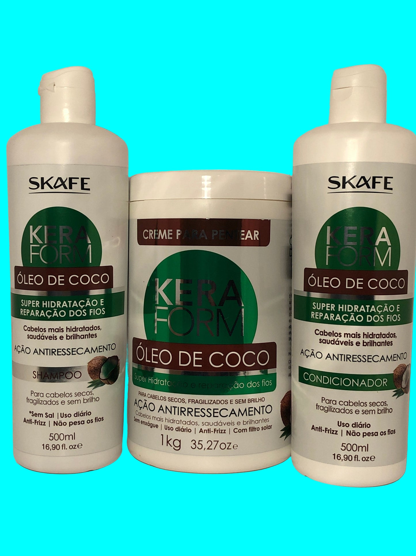 SKAFE keraform Kit 1-Shampoo Oleo De Coco 500ml 1-Conditionador de Coco 500ml 1-Creme Para Pentear