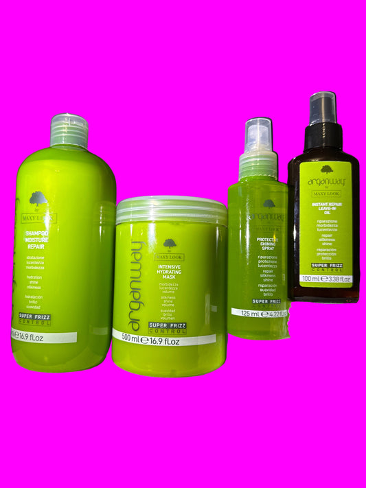 Maxy Look Set Arganway Sh 500ml, Mascarilla 500ml, Spray Protector Brillo y Aceite Reparador Sin Enjuague. 