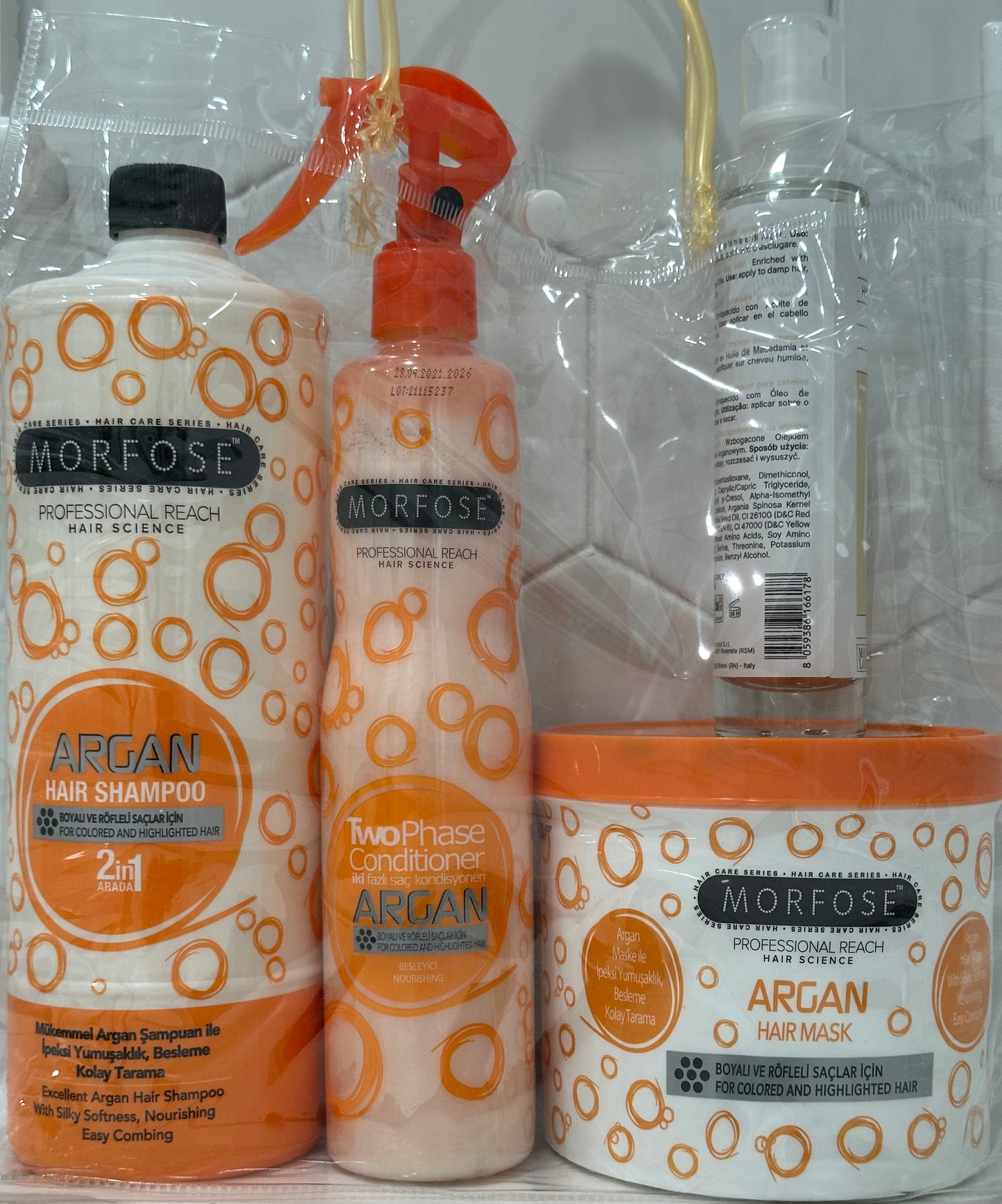 Morfose Set 4 Pz 1-Sh Argan oil 1000ml1-Mask Argan 1000ml 1-Two phase Leave-In 400ml 1-Serun Cristal Argan Oil 100ml 🎈