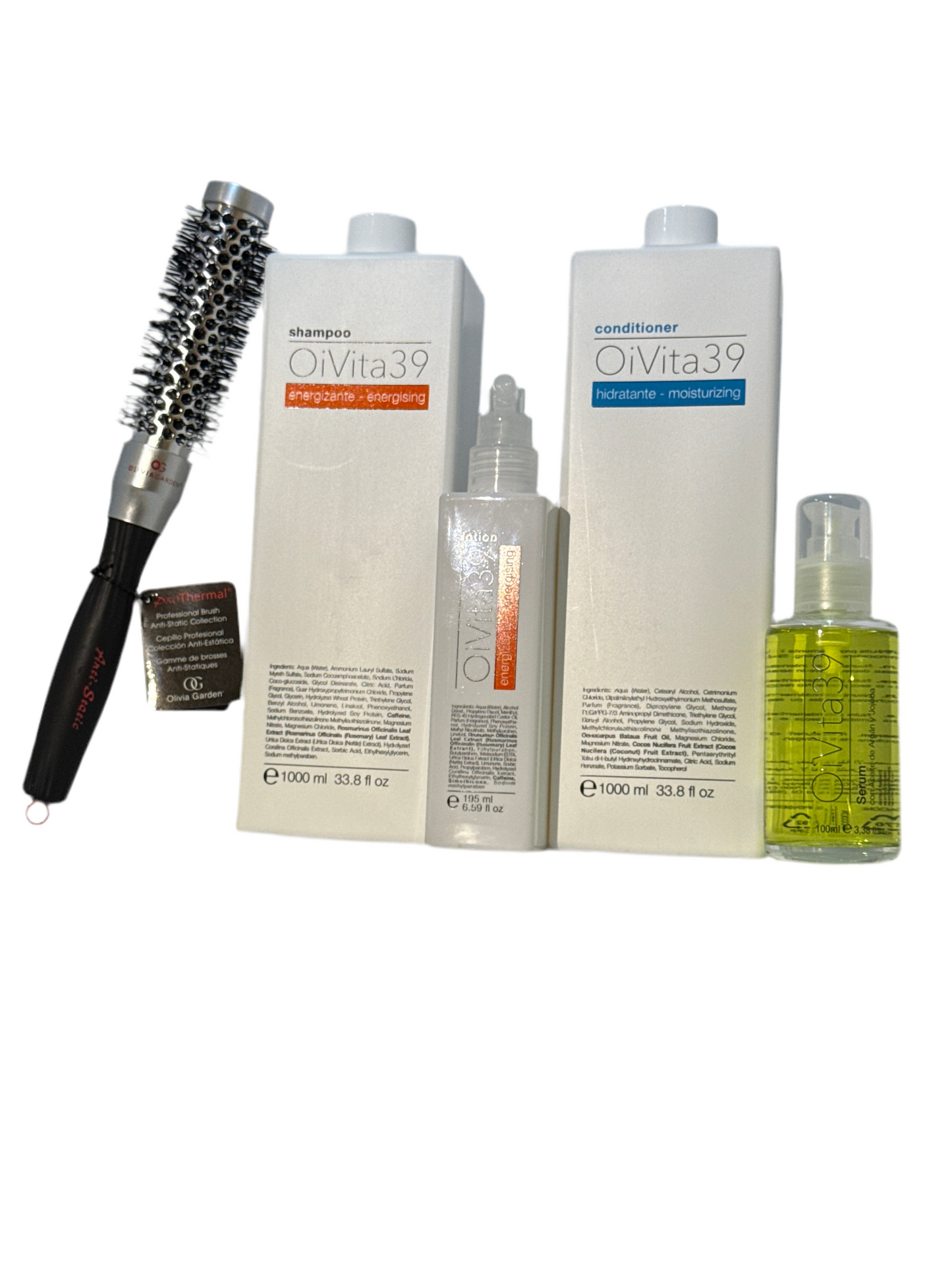 Oivita 39 Set 4-Pz 1-Champú Energy 1000ml 1-Acondicionador Hidratante 1-Loción Spray 195ml 1-Suero Aceite de Argán y Aceite de Jojoba 100ml<free og brush t25 plastic bat></free>