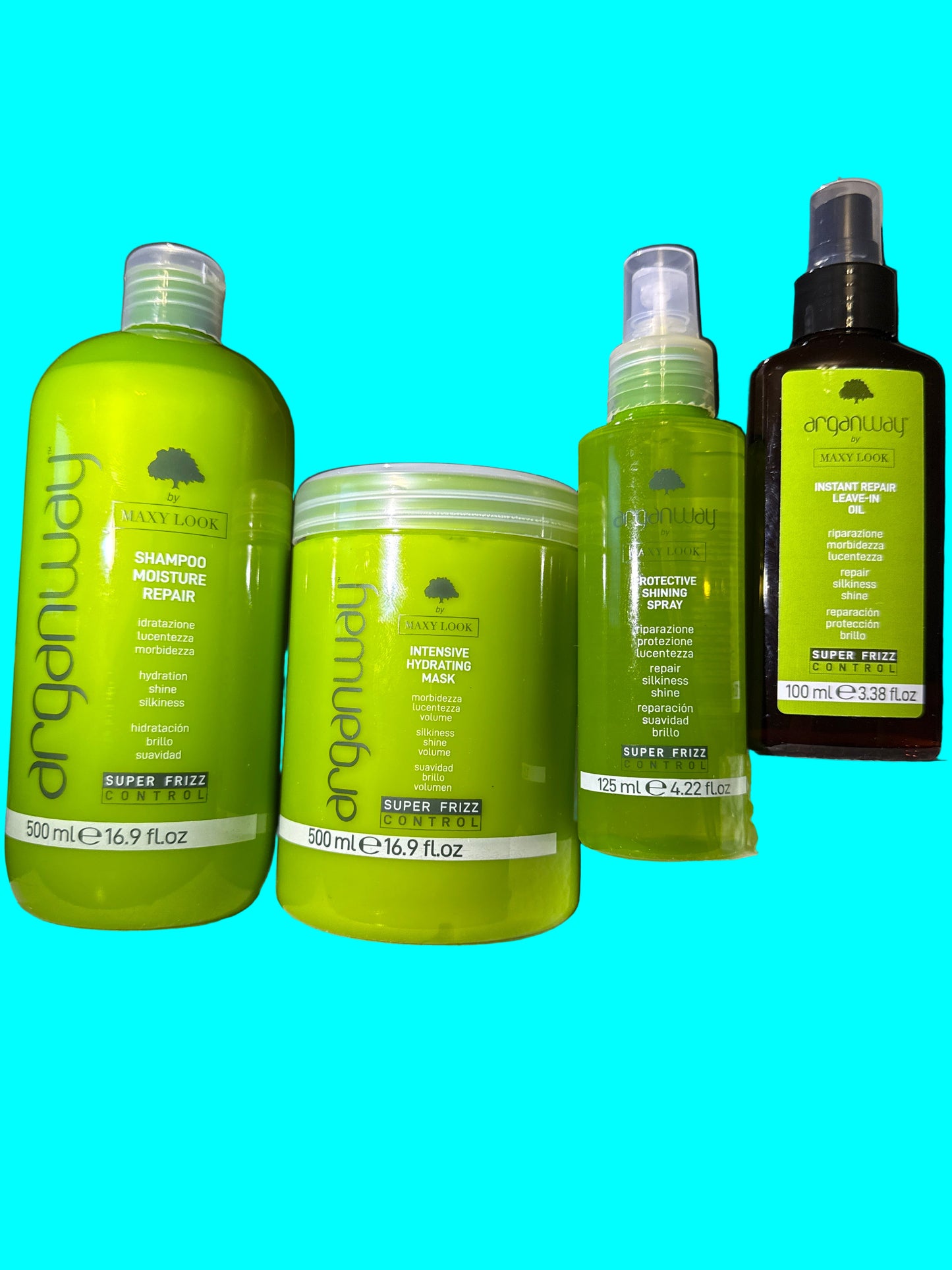 Maxy Look Set Arganway Sh 500ml, Mascarilla 500ml, Spray Protector Brillo y Aceite Reparador Sin Enjuague. 