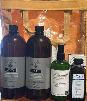 Set Nook Magic Argan Oil Sh 1000ml,Secret Mask 1000ml,Miracle Leave-In Spray Argan Oil-Mac Oil 285 ml,and Maxy Exotic Oil 100 ml !