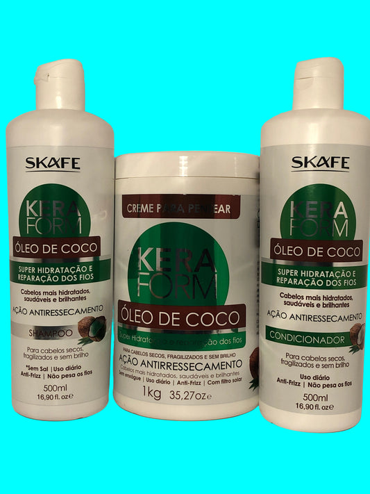 SKAFE keraform Kit 1-Shampoo Oleo De Coco 500ml 1-Conditionador de Coco 500ml 1-Creme Para Pentear