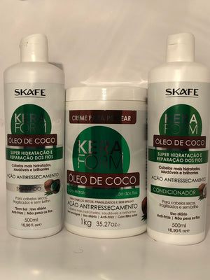SKAFE keraform Kit 1-Shampoo Oleo De Coco 500ml 1-Conditionador de Coco 500ml 1-Creme Para Pentear